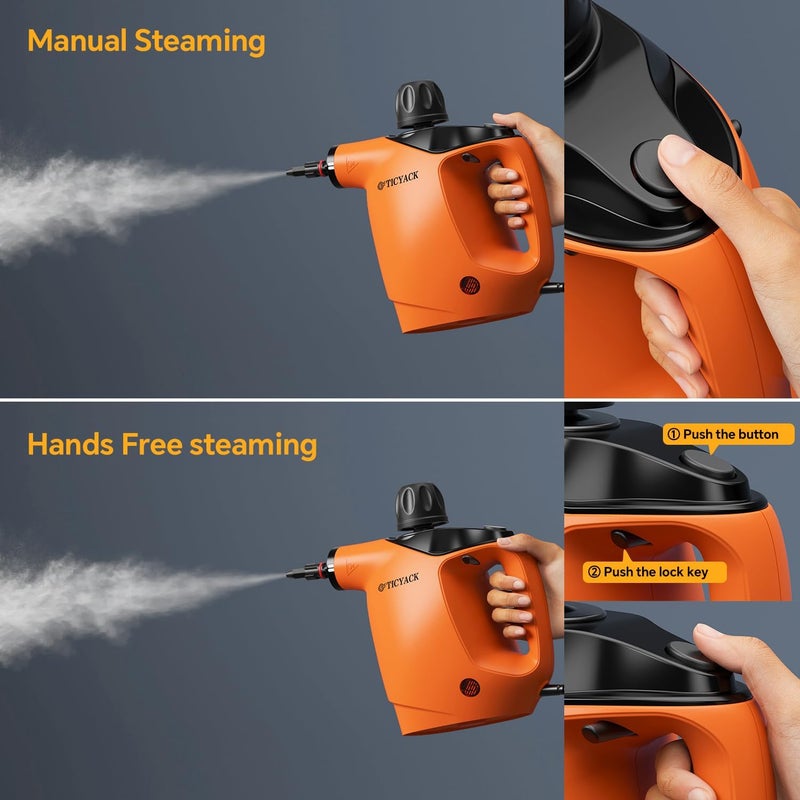 TICYACK Handheld Steam Cleaner, Steam Cleaner with 16 PCS Accessory & Safety Lock, 500ML Large Capacity Surface Steam for Cleaning, Multipurpose Steamer for Home, Car, Bathroom, Grease (Orange) - Image 4